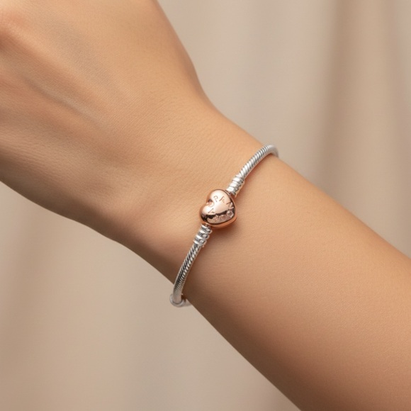 Pandora Silver Bracelet with Rose Gold Heart Charm - Picture 2 of 3
